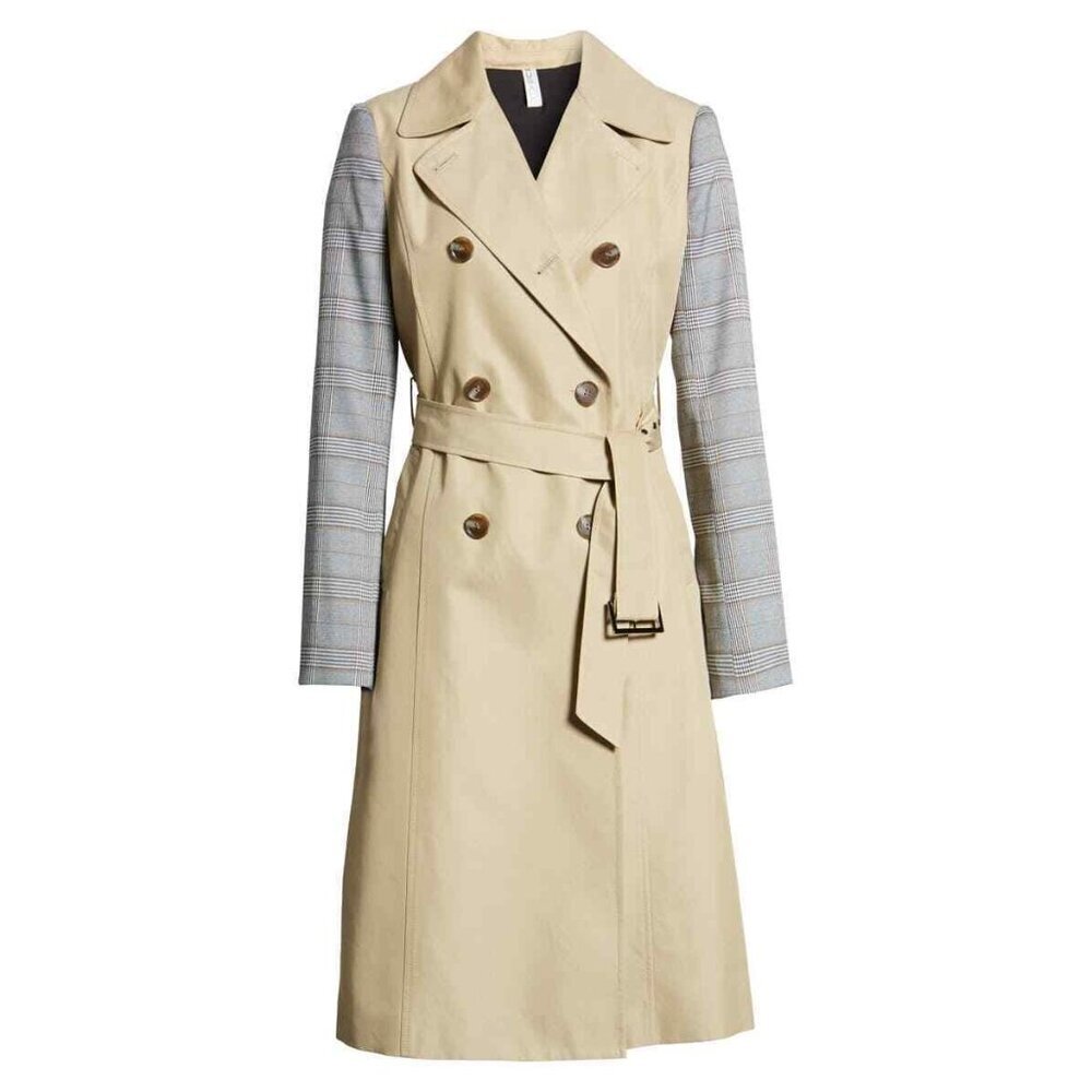 Mural Trench Coat Plaid Sleeve Double Breasted Coat Jacket SZ S New - Picture 4 of 4